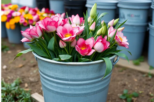 Graded bucket of cut flowers conditioned in cool water for florist delivery. 7 questions Asheville growers ask about farm-to-florist cut flower sales
