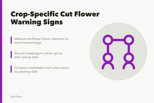 Cut flower crop diagnostic card comparing sunflower, snapdragon, zinnia, and dahlia issues. Reading crop-specific warning signs before a cut flower harvest goes wrong