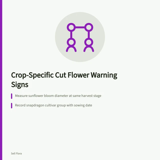 Cut flower crop diagnostic card comparing sunflower, snapdragon, zinnia, and dahlia issues. Reading crop-specific warning signs before a cut flower harvest goes wrong