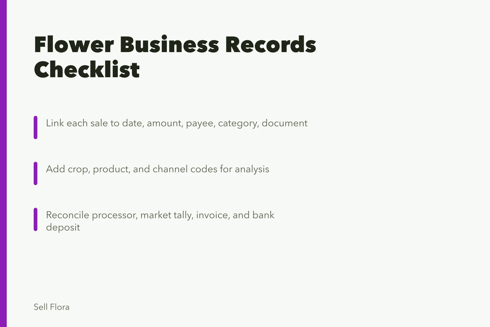 Checklist card for cut flower business records and pricing. Running a records-and-pricing checklist that keeps a flower business honest