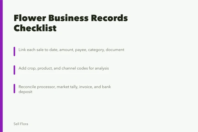 Checklist card for cut flower business records and pricing. Running a records-and-pricing checklist that keeps a flower business honest