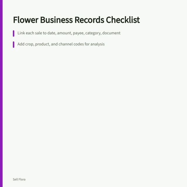 Checklist card for cut flower business records and pricing. Running a records-and-pricing checklist that keeps a flower business honest