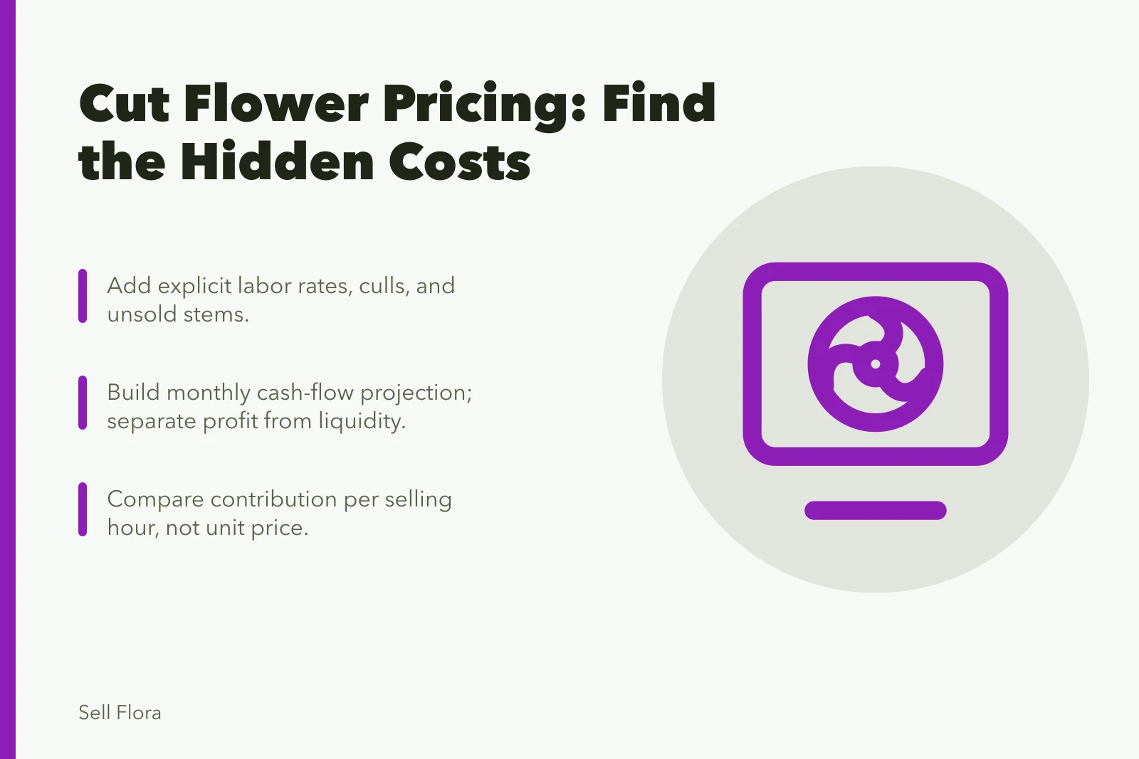 Cut flower pricing card showing hidden labor, cash flow, and channel costs. Does a full-price cut flower harvest still guarantee a profit?