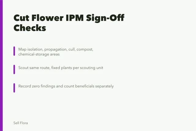 Cut flower IPM checklist with scouting, pest records, and action points. 9 cut flower ipm checks before signing off