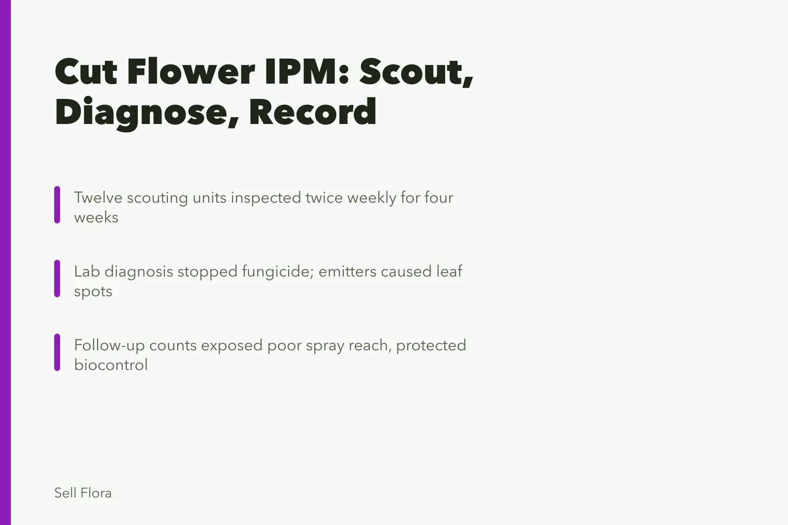 Cut flower IPM card: mapped scouting, lab diagnosis, follow-up counts replace calendar sprays. The honest guide to cut flower ipm turnaround
