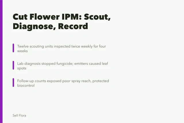 Cut flower IPM card: mapped scouting, lab diagnosis, follow-up counts replace calendar sprays. The honest guide to cut flower ipm turnaround
