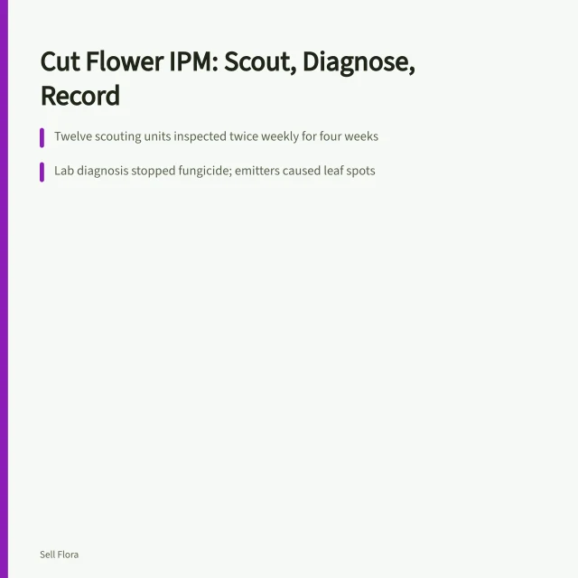 Cut flower IPM card: mapped scouting, lab diagnosis, follow-up counts replace calendar sprays. The honest guide to cut flower ipm turnaround