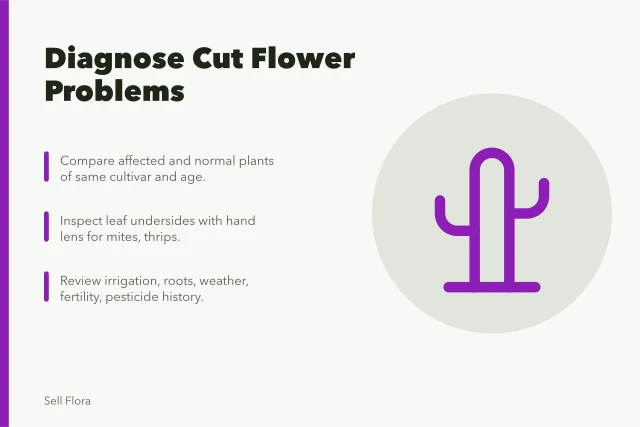 Cut flower disease diagnosis card with pale leaves and stunted growth. What pale leaves and stunted growth reveal about cut flower disease?