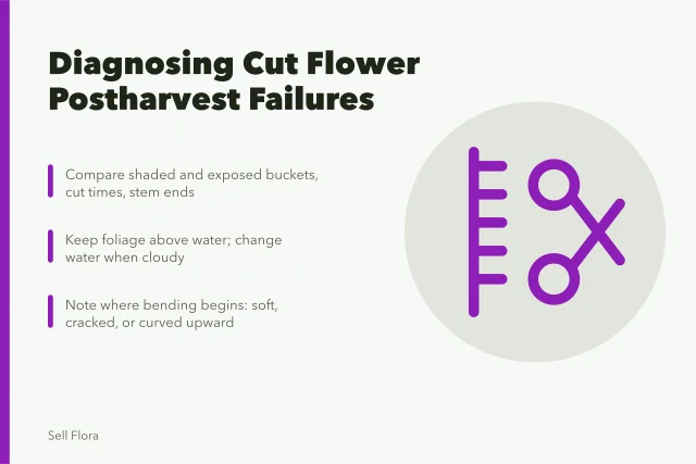 Cut flower stems with bent necks and cloudy vase water. Bent necks, cloudy water, and gray mold: reading cut flower failures