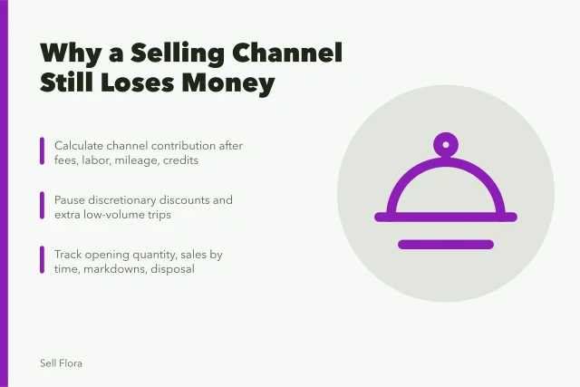Diagnostic card on cut flower channel costs, leftovers, and payment gaps. Why does a flower sales channel sell out on paper yet still not pay the farm?