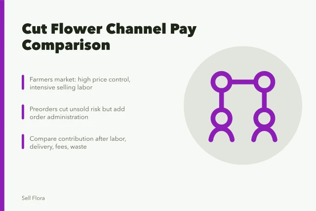Comparison of cut flower sales channels by price control, labor, and risk. Which cut flower channel actually pays: market stand, florist, or subscription box?