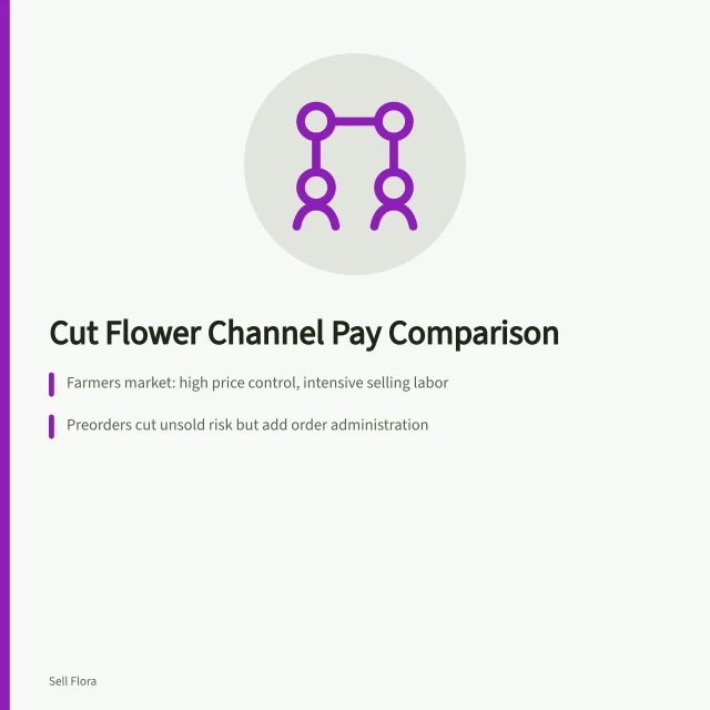 Comparison of cut flower sales channels by price control, labor, and risk. Which cut flower channel actually pays: market stand, florist, or subscription box?