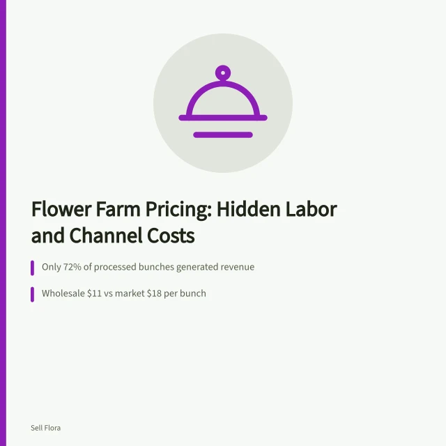 Flower farm pricing card showing labor, channel costs, and bunch sales. How to think about flower farm pricing turnaround