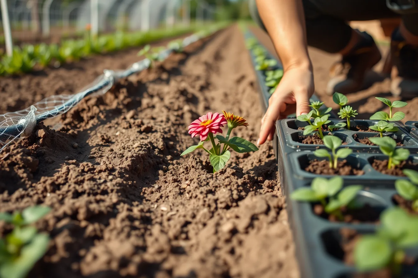 Hands transplanting zinnia seedlings into a prepared cutting bed with drip irrigation. Growing zinnias for cut flowers from sowing through the first harvest