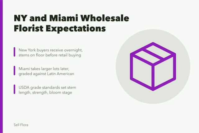 Cut flower boxes delivered to New York and Miami wholesale markets. What New York and Miami wholesale florists expect from cut flower growers