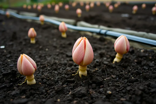 Ranunculus corms planted claw-down in moist raised-bed soil with drip irrigation. Cool-season versus warm-season cut flower lists for the Pacific Northwest