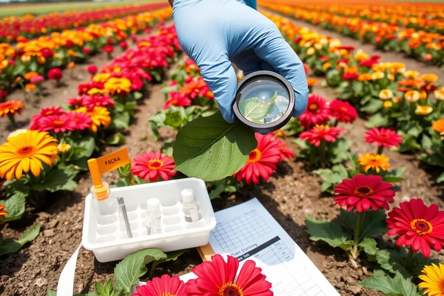 Hand lens inspecting zinnia leaf for pests in cut flower field. How to scout a cut flower planting for pests and disease early