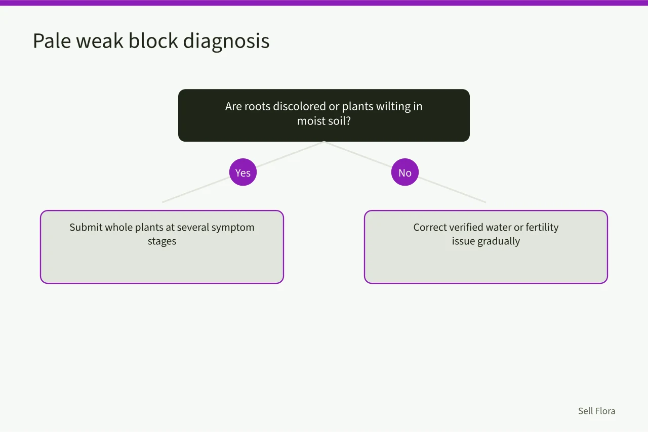 Decision flow for pale weak block: check roots and wilting (What pale leaves and stunted growth reveal about cut flower disease?)