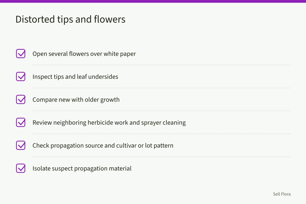 Checklist for distorted growing tips and flowers (What pale leaves and stunted growth reveal about cut flower disease?)