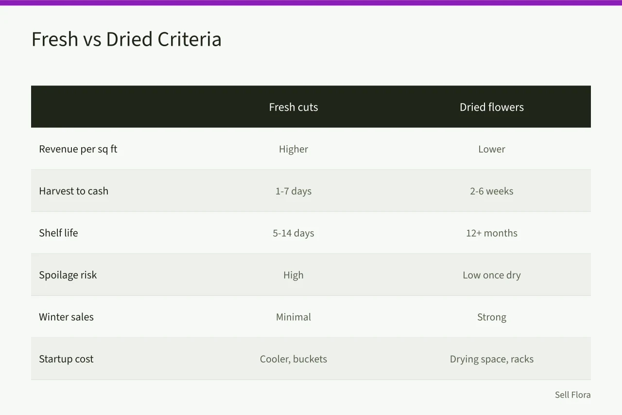 Comparison table of fresh cuts and dried flowers criteria (Dried flowers vs fresh cuts: which has better margins for a small flower farm?)