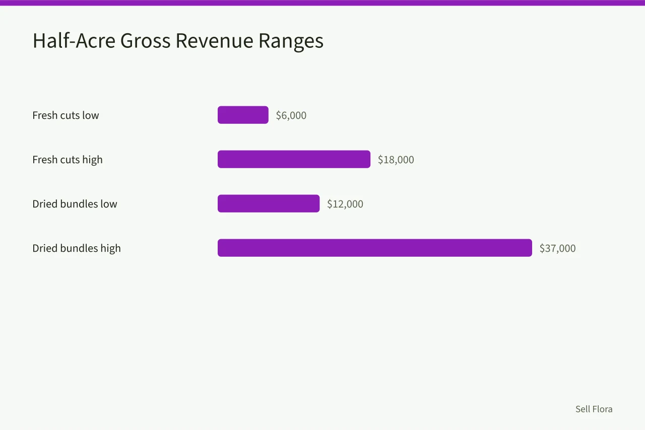 Bar chart comparing fresh cut and dried flower gross revenue ranges (Dried flowers vs fresh cuts: which has better margins for a small flower farm?)