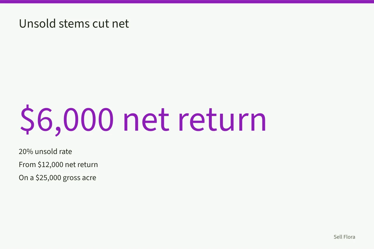 Stat graphic showing 20% unsold stems cutting net return from $12,000 to $6,000 (Cut flower income per acre: what Midwest growers actually report)