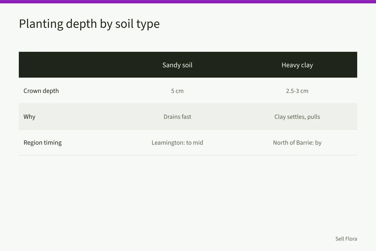 Comparison table of peony crown depth in sandy versus clay soil (When should Ontario growers plant peonies for cut flower harvest?)