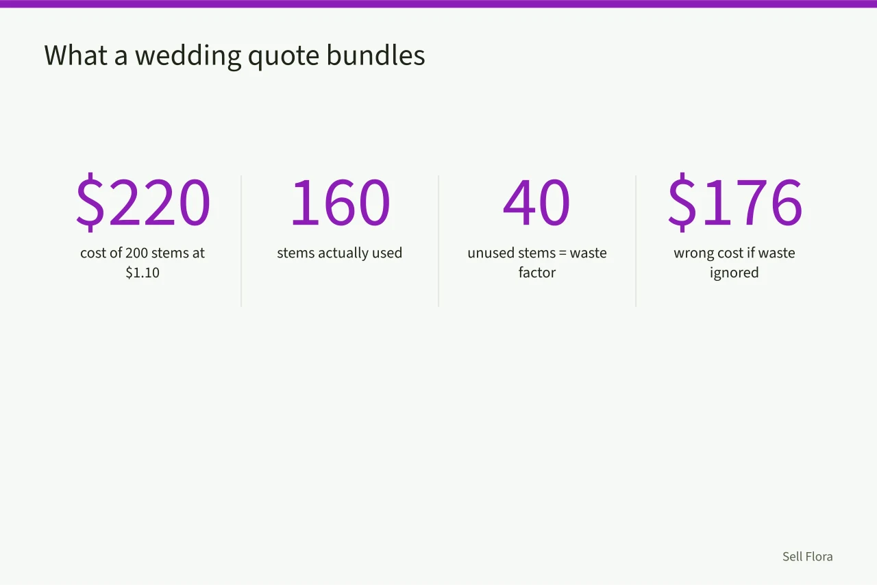 Numbers showing stem cost with and without waste factor (Wedding flower pricing for small flower farms: a working formula)