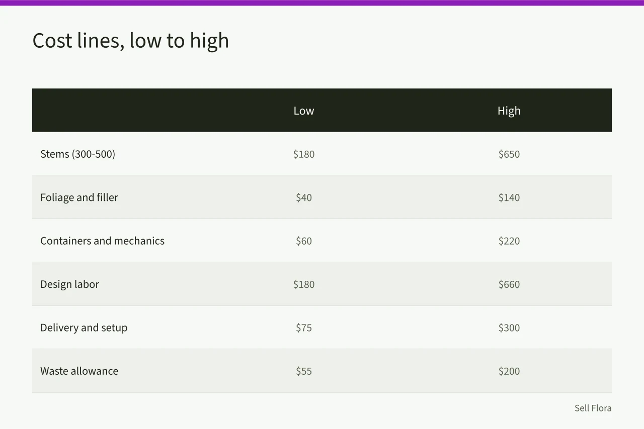 Table comparing low and high cost lines for a wedding quote (Wedding flower pricing for small flower farms: a working formula)